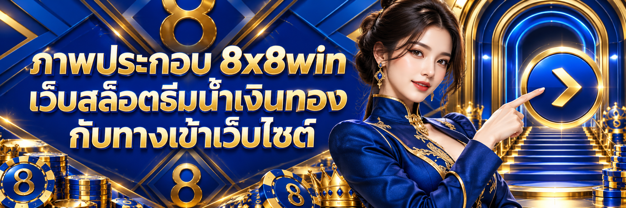 ภาพประกอบ 8x8win เว็บสล็อตธีมน้ำเงินทองกับทางเข้าเว็บไซต์